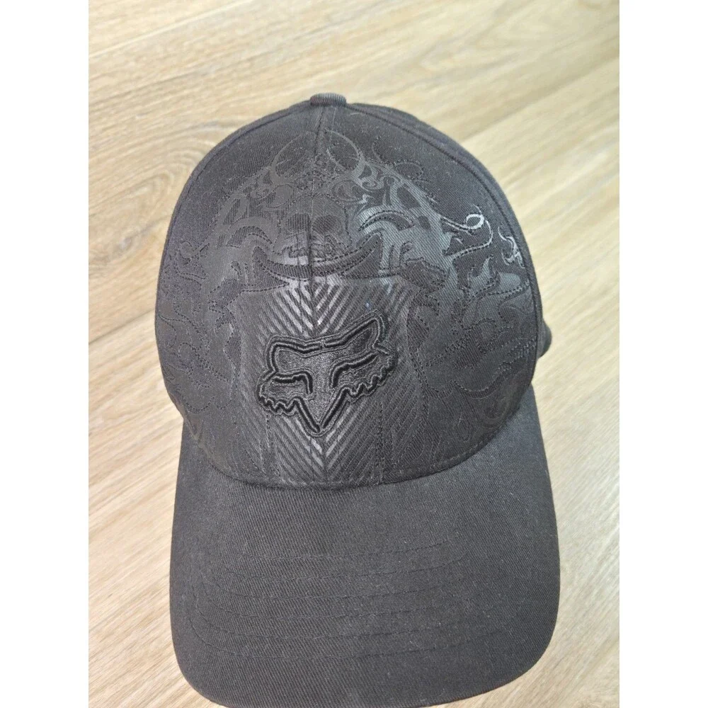 Vintage Fox Motocross Racing Cap Size S/M Flexfit Black On Black with Skull